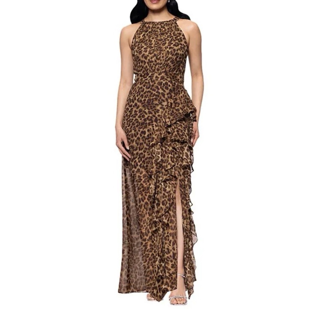 Betsy & Adam Leopard Print Maxi Dress Size 12 NWT Ruffle Halter Formal Gown